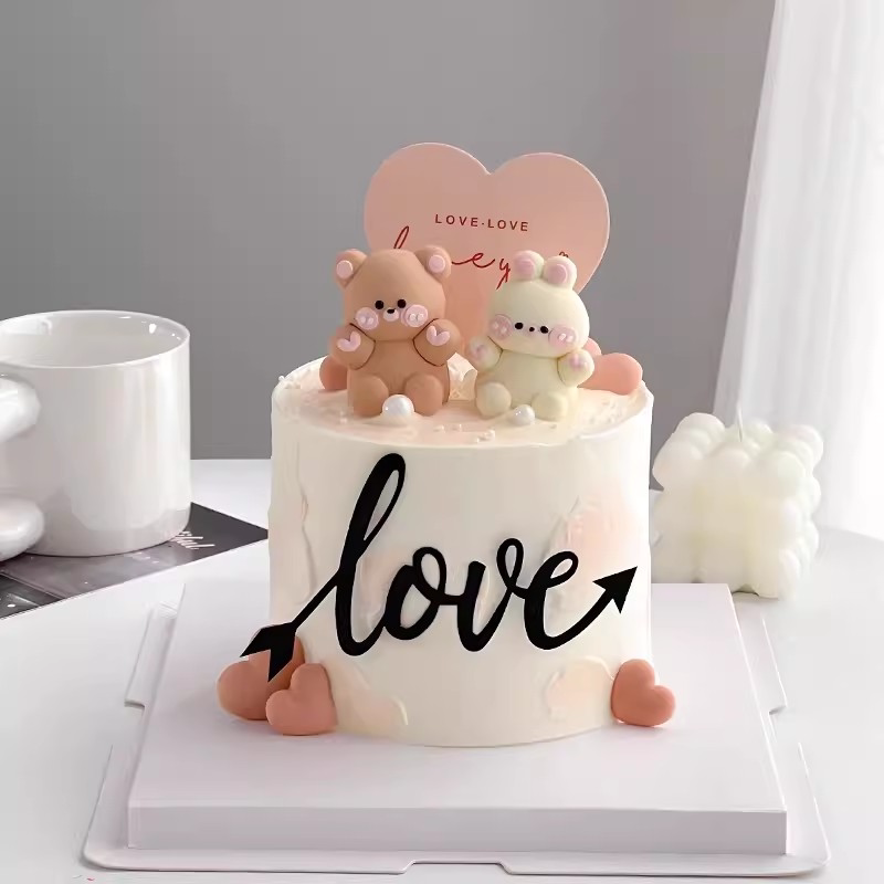 2026七夕情人节蛋糕装饰插件爱心LOVE插牌情侣小熊兔子摆件配件