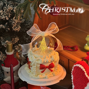 抱抱酱原创版权发光圣诞树白纱蝴蝶结塑料水晶球蛋糕装饰摆件