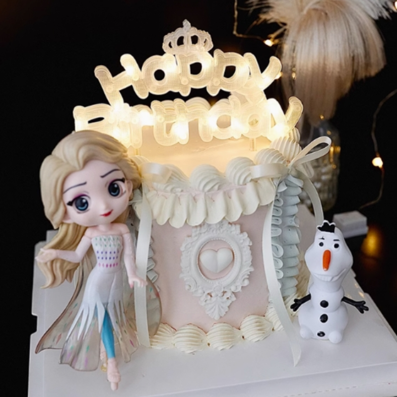 网红烘焙蛋糕装饰摆件发光生日快乐灯冰雪公主艾莎派对丝带插件