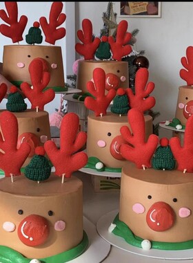 2025圣诞节帽子蛋糕装饰圣诞鹿角红色绿色毛线帽烘焙配件节日装扮