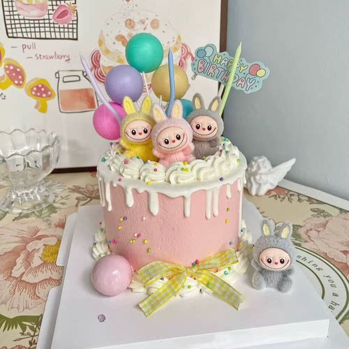 创意卡通拉布布头蛋糕装饰摆件可爱立体兔子造型烘焙生日装扮配件