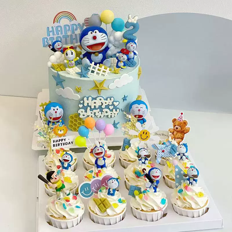 网红卡通哆啦A梦生日蛋糕装饰摆件儿童周岁生日甜品烘焙装扮插件