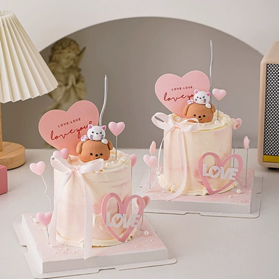 2026七夕情人节小熊蛋糕装饰摆件情侣告白节日快乐爱心亚克力插牌