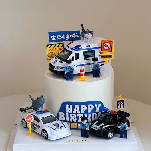 警车生日蛋糕装饰摆件卡通警务车警察儿童派对甜品台烘焙插件配件