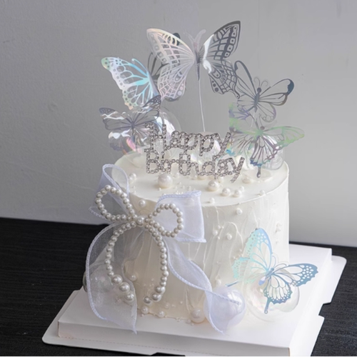 网红唯美生日蛋糕装饰摆件珍珠蝴蝶结钻石HB女神仙女生日蝴蝶插件