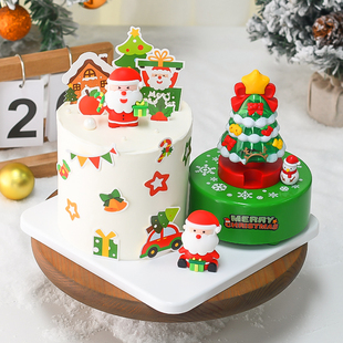 圣诞节蛋糕装饰摆件旋转圣诞树雪人带灯创意礼物圣诞老人插件插旗