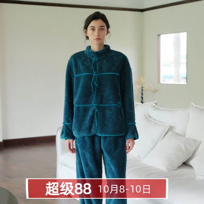 新中式绣花双面毛绒睡衣女秋冬