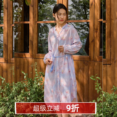 朵朵可女春秋竹节棉长袖开衫睡裙