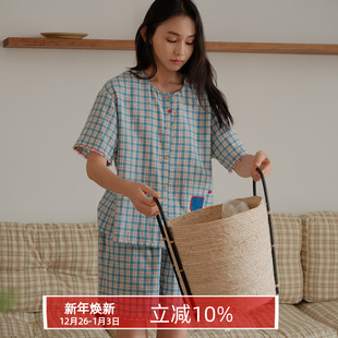 家居服套装 朵朵可可睡衣女2025春夏清爽棉麻V领格子简约短袖 短裤