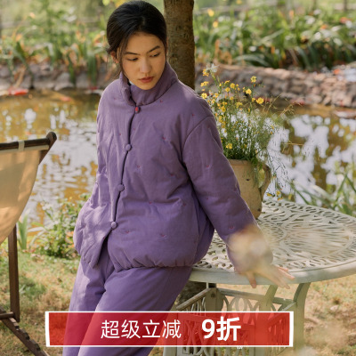 立领畔扣厚型全棉夹棉家居服套装