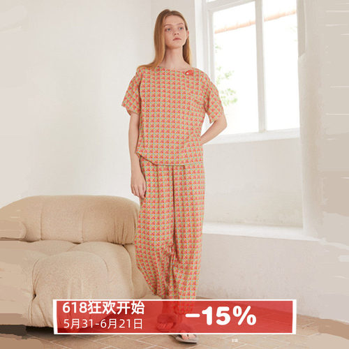 朵朵可可女纯棉格子短袖家居服
