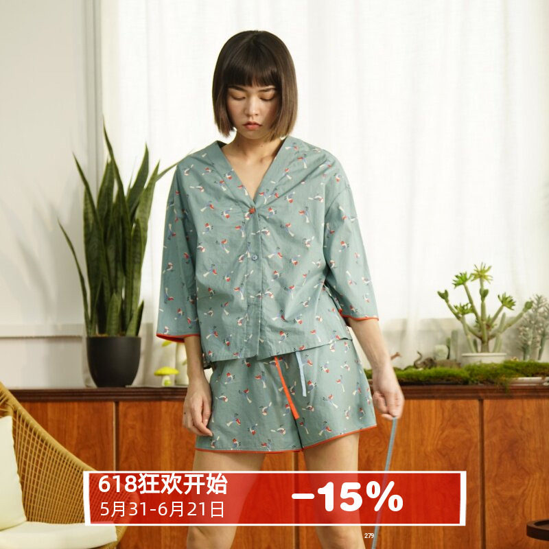 朵朵可可网红款纯棉印花睡衣女春夏七分袖V领开衫短裤家居服套装