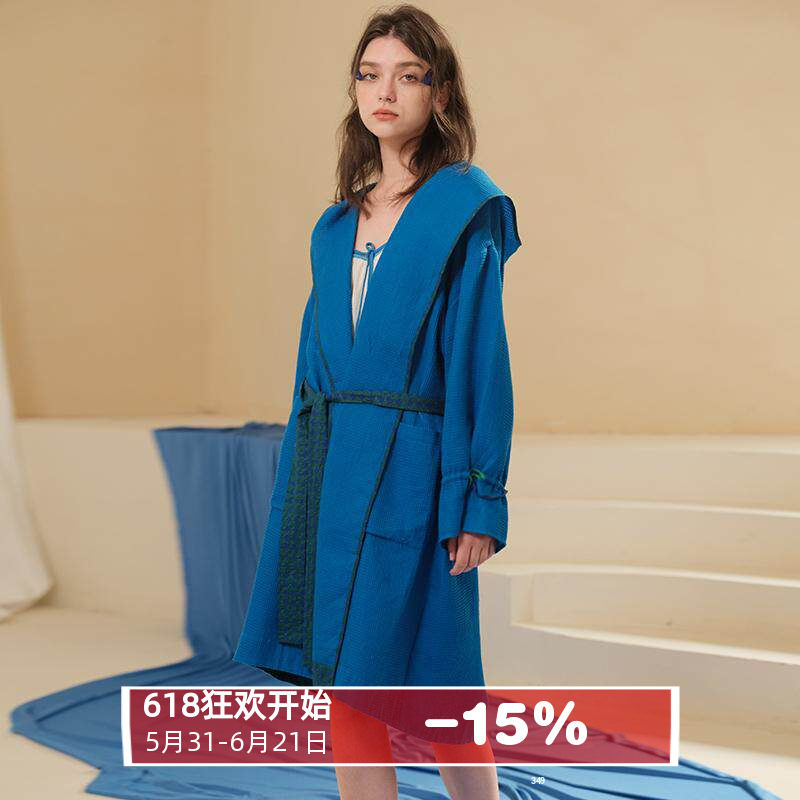 朵朵可可家居服女春季吸水纯棉宽松连帽系带长袖睡衣袍浴袍中长袍