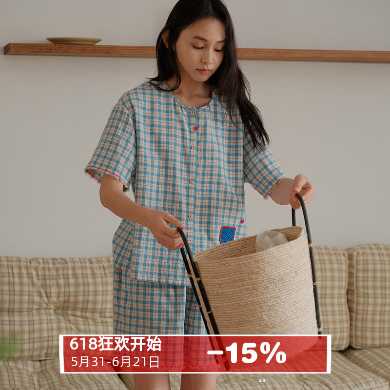 朵朵可可睡衣女2025春夏清爽棉麻V领格子简约短袖短裤家居服套装