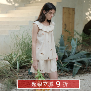 朵朵可可睡衣女夏甜美可爱纯棉印花荷叶领无袖 背心短裤 家居服套装