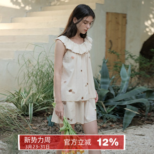 家居服套装 朵朵可可睡衣女夏甜美可爱纯棉印花荷叶领无袖 背心短裤