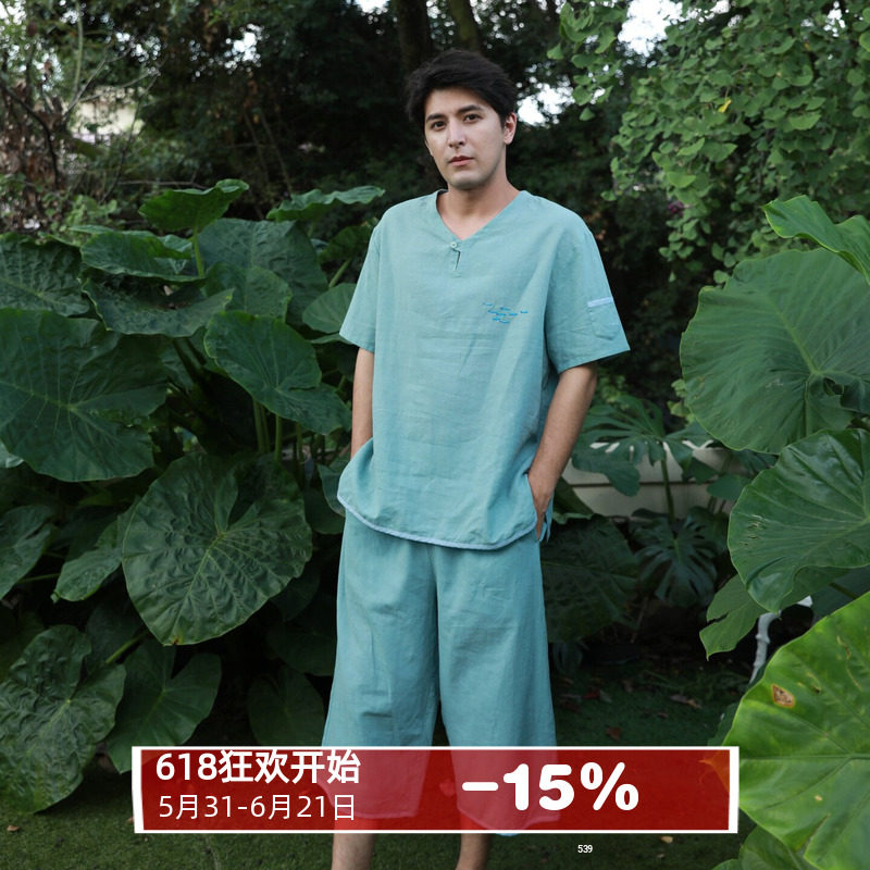 朵朵可可睡衣男士2026夏季深海鱼群舒适短袖七分裤棉麻家居服套装