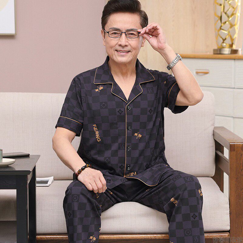 睡衣男夏季纯棉短袖长裤中老年时尚男装韩版简约可外穿家居服套装