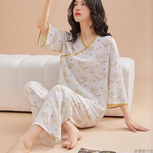 绵绸睡衣女夏季薄款新中式女装空调服时尚国风纯棉棉绸家居服套装