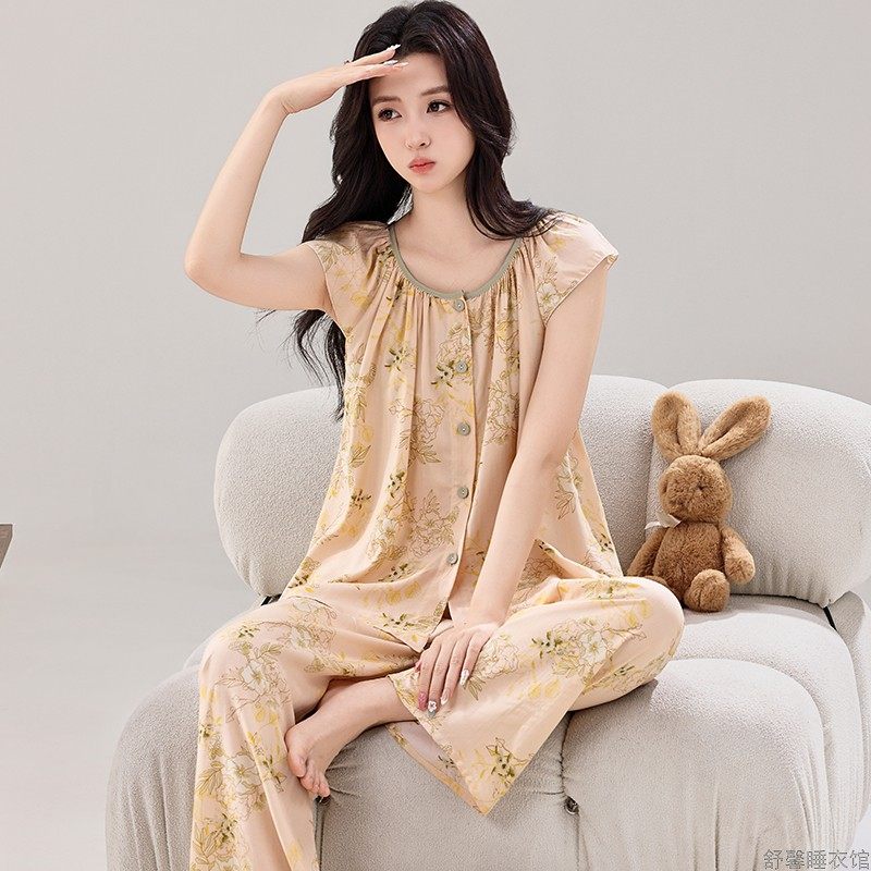 睡衣女夏季纯棉绸短袖复古时尚女装薄款开衫可外穿绵绸家居服套装