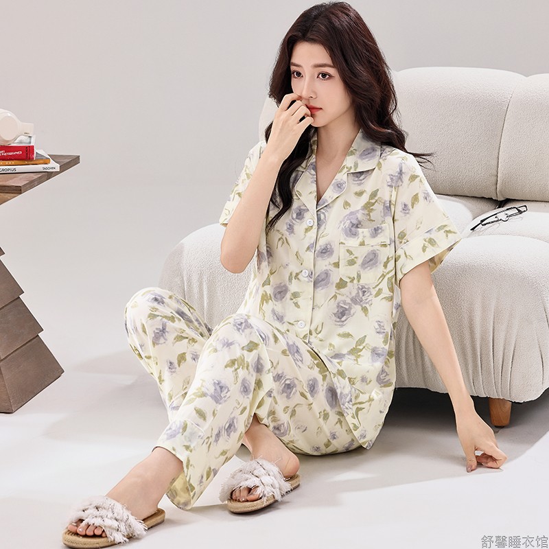 妈妈睡衣女夏季纯棉绵绸薄款空调服短袖韩版时尚可外穿家居服套装