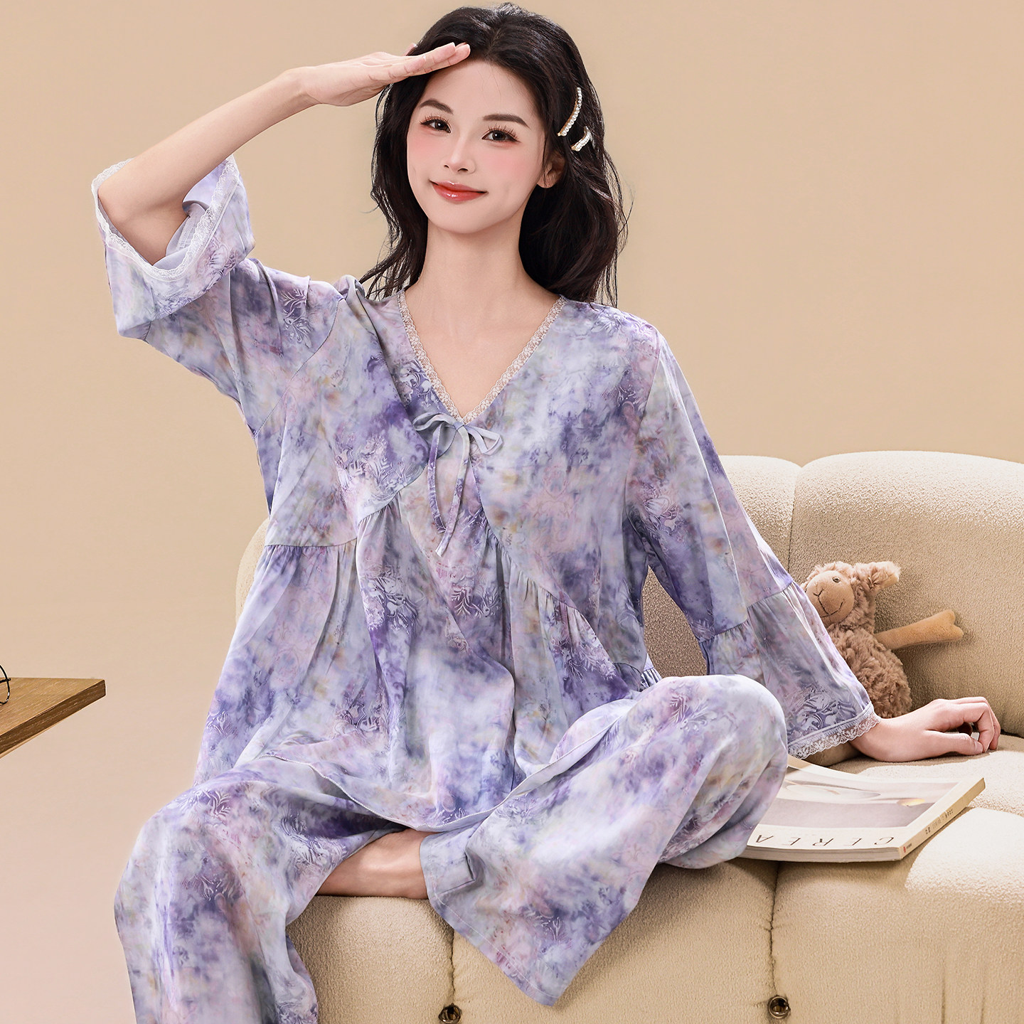 高贵睡衣女夏季绵绸薄款八分袖女装空调服纯棉绸可外穿家居服套装