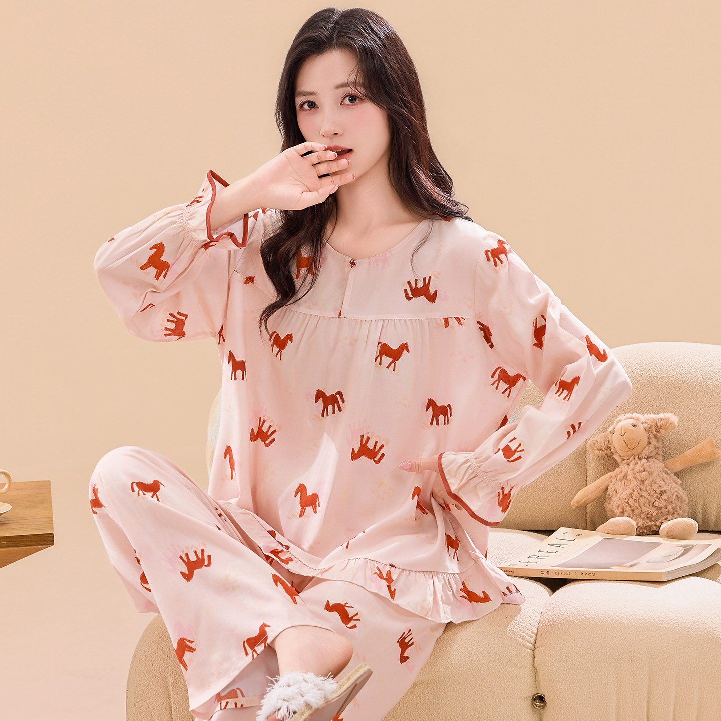 睡衣女夏绵绸长袖薄款女装空调服纯棉绸甜美可外穿休闲家居服套装