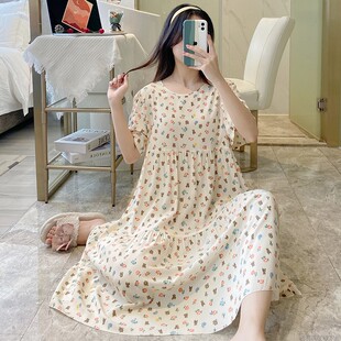 睡裙女夏天短袖纯棉绸薄款清新连衣裙中长款睡衣女夏款宽松家居服