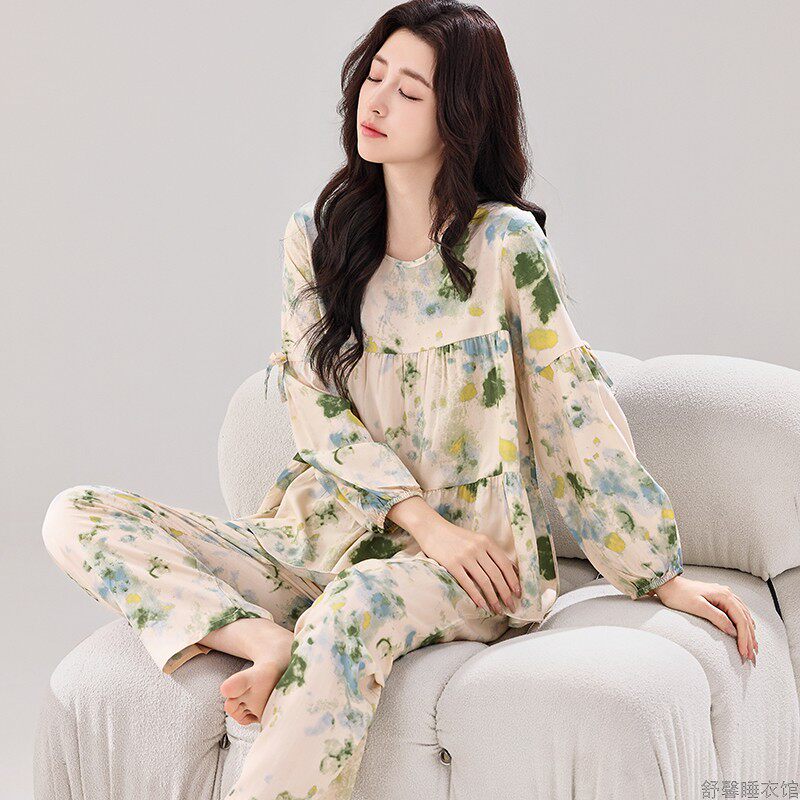 睡衣女夏季纯棉绵绸新款春秋长袖薄款女装空调服可外穿家居服套装