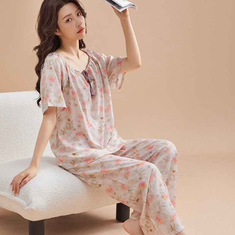 睡衣女夏季短袖纯棉绸女装