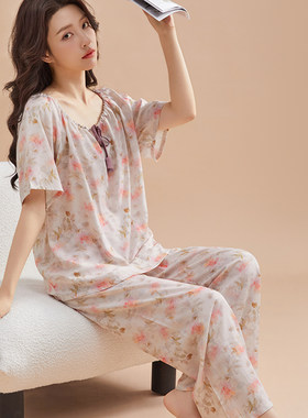 睡衣女夏季短袖纯棉绸女装