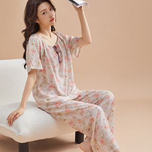 睡衣女夏季短袖纯棉绸女装