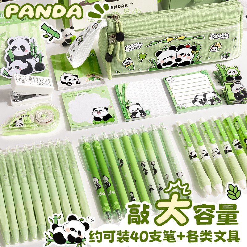 熊猫三角笔袋大容量布文具盒透明前袋可水洗中小学生卡通文具包邮