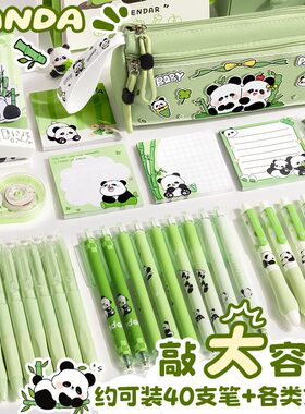 熊猫三角笔袋大容量布文具盒透明前袋可水洗中小学生卡通文具包邮