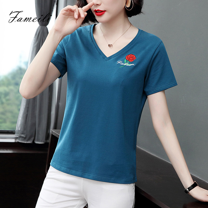 V领短袖T恤女上衣2020夏季新款妈妈装宽松纯棉大码女士刺绣体恤衫