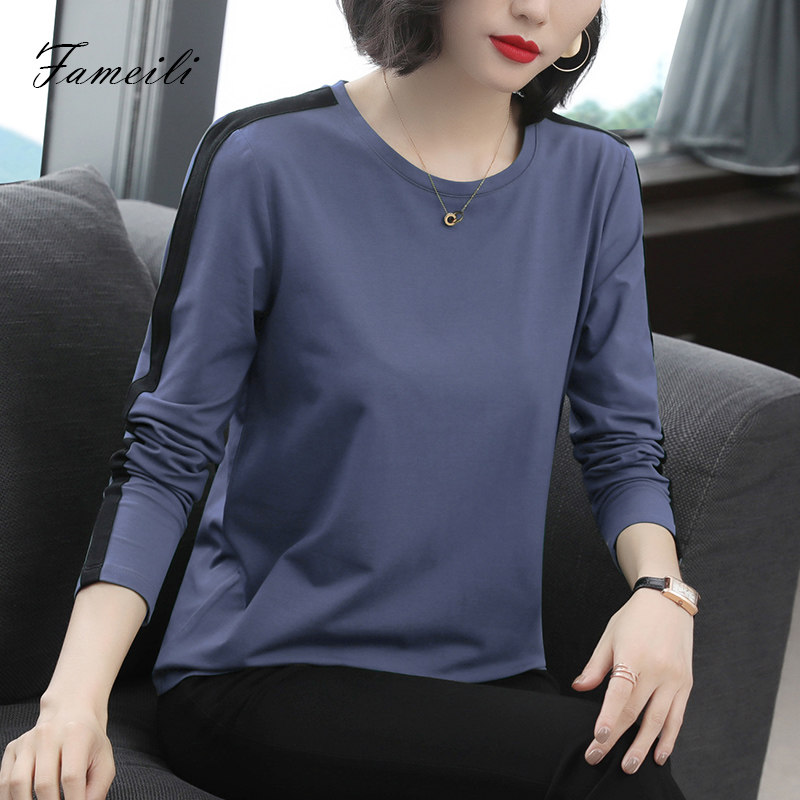 长袖t恤女上衣2020秋装新款大码上衣中年妈妈薄款纯棉春秋打底衫