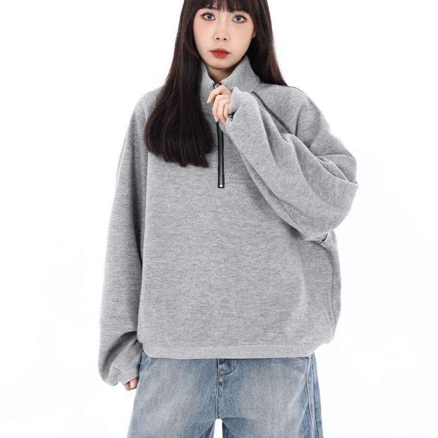 美式休闲半高领拉链短款卫衣男女宽松小众设计感情侣运动外套上衣