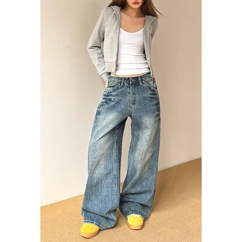 设计感铆钉水洗闪电低腰直筒牛仔裤女秋季水洗做旧宽松阔腿裤子潮,男装,牛仔裤,淘宝优惠券,粉丝福利购,淘宝优惠卷