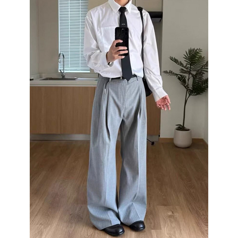 好莱坞a字立体双褶条纹老钱风西裤男款cleanfit通勤微喇跨境大码