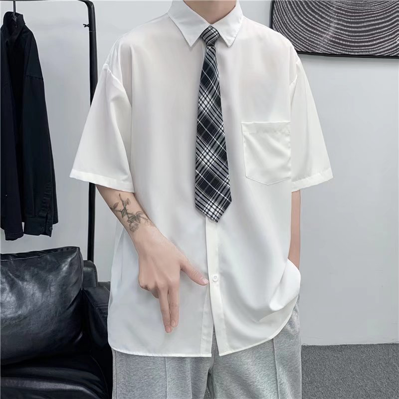 白色短袖衬衫领带男寸衣黑裤子青少年宽松韩版学生制服衬衣班服