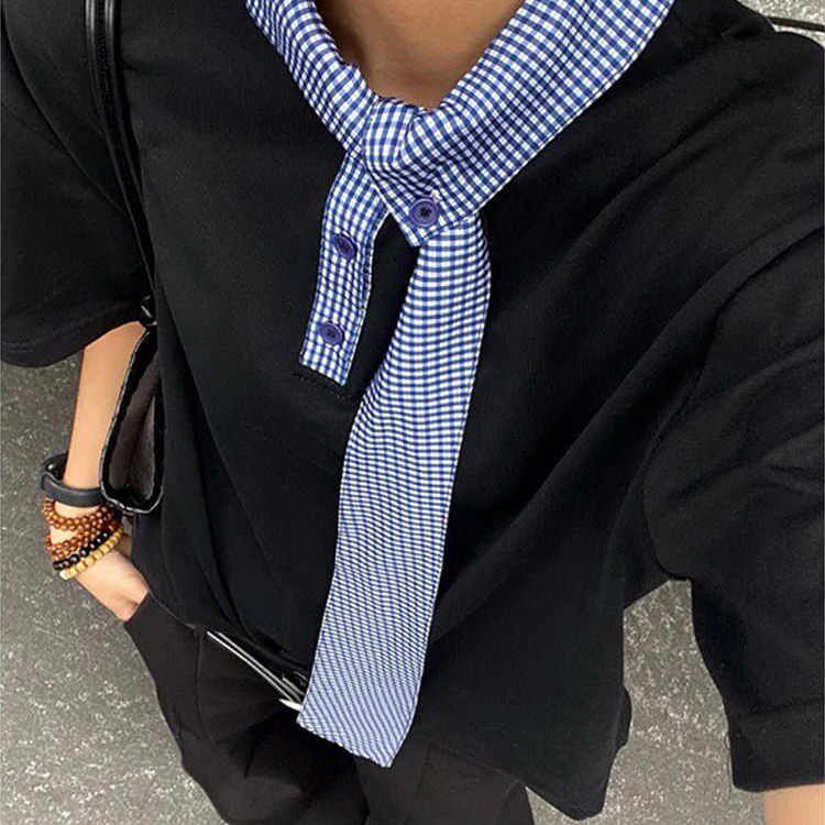 黑色领口格子拼接领带短袖女夏季