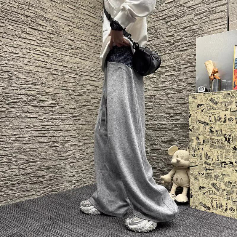 新款 春秋季潮牌男士休闲裤子宽松潮流拼接格子运动直筒卫跨境【