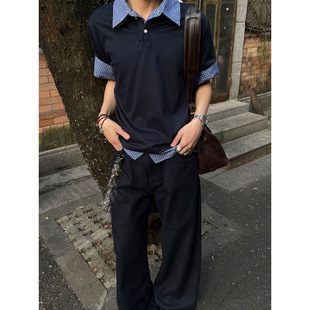 拼接T恤重磅美式 新款 学院跨境 潮牌衬衫 夏季 藏蓝色假两件短袖 男款