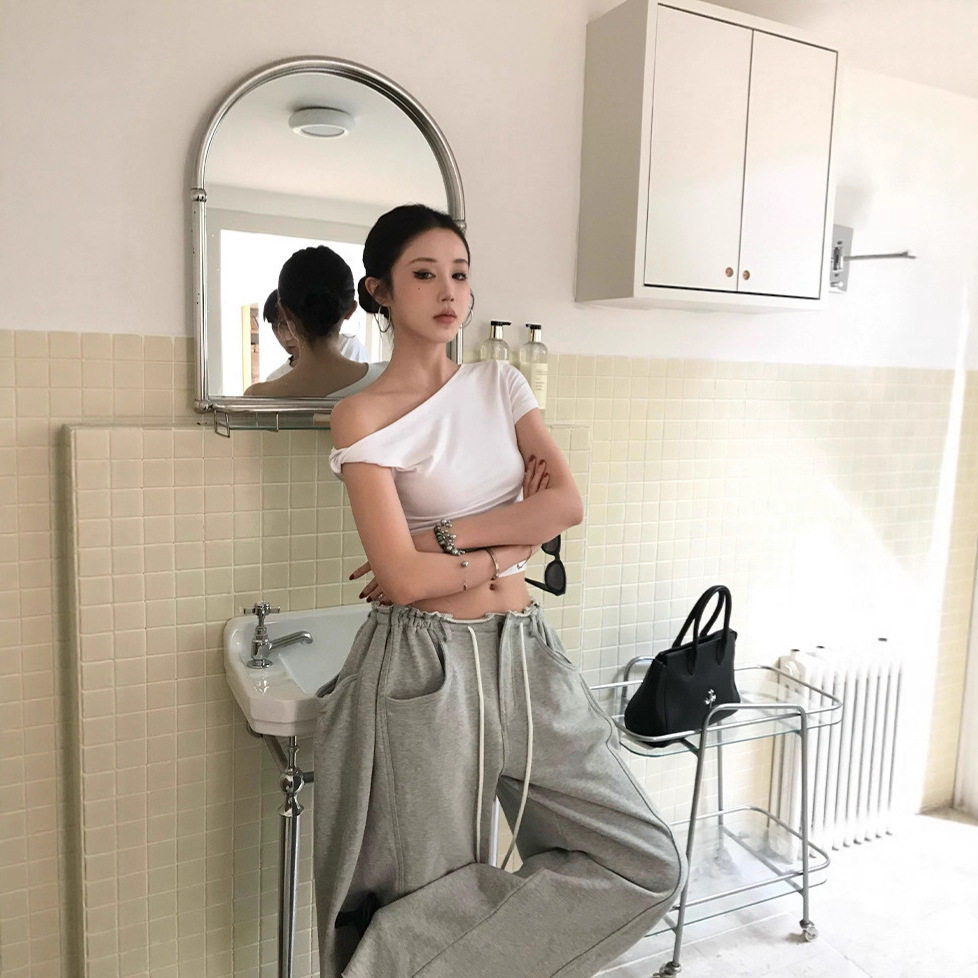 新款美式慵懒风灰色抽绳卫裤女春秋季垂感宽松阔腿裤休闲直筒长裤