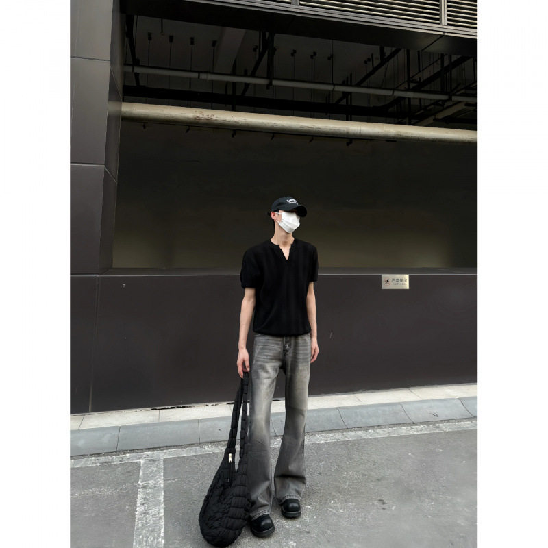 新款 布老哥Blog美式复古水洗雾霾灰牛仔裤clf显高微喇修身裤外贸