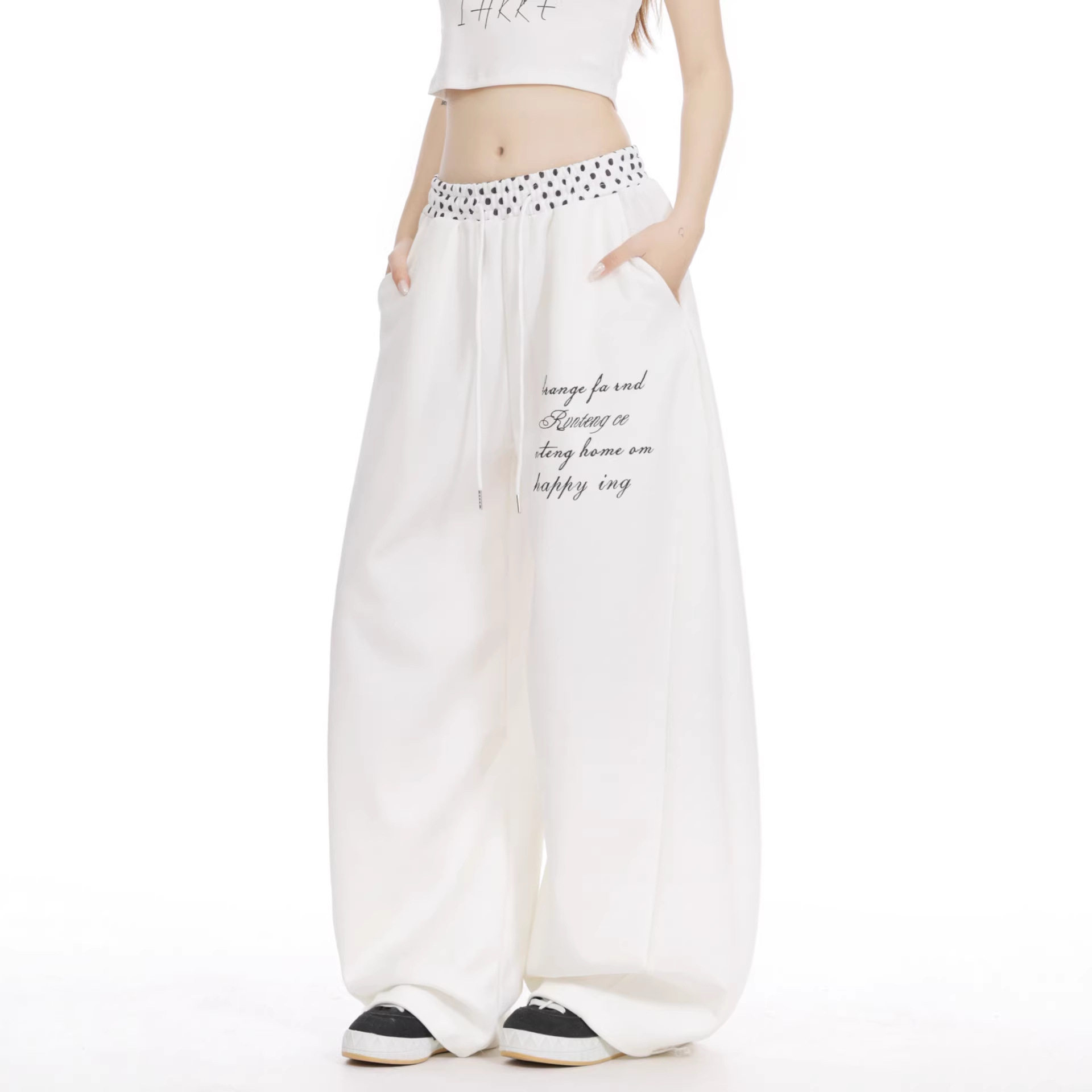 美式拼接波点腰头休闲裤宽松慵懒显瘦运动卫裤跳舞阔腿弯刀长裤子