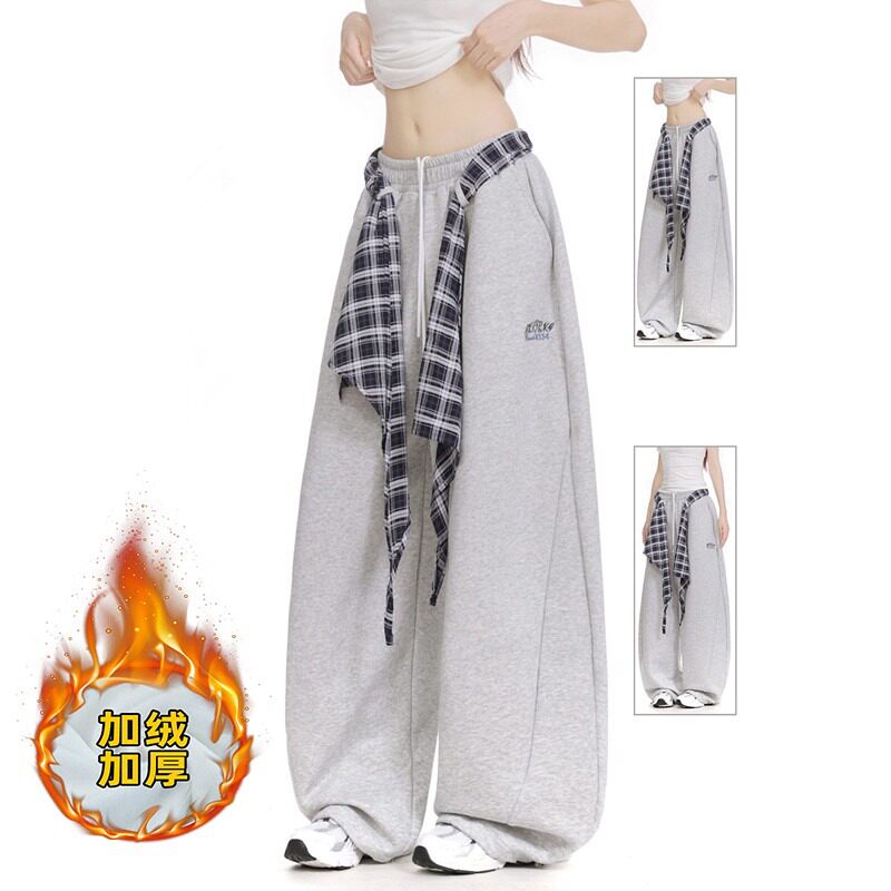 美式格子屁帘叠穿弯刀卫裤男女秋冬嘻哈街舞运动裤宽松阔腿休闲裤