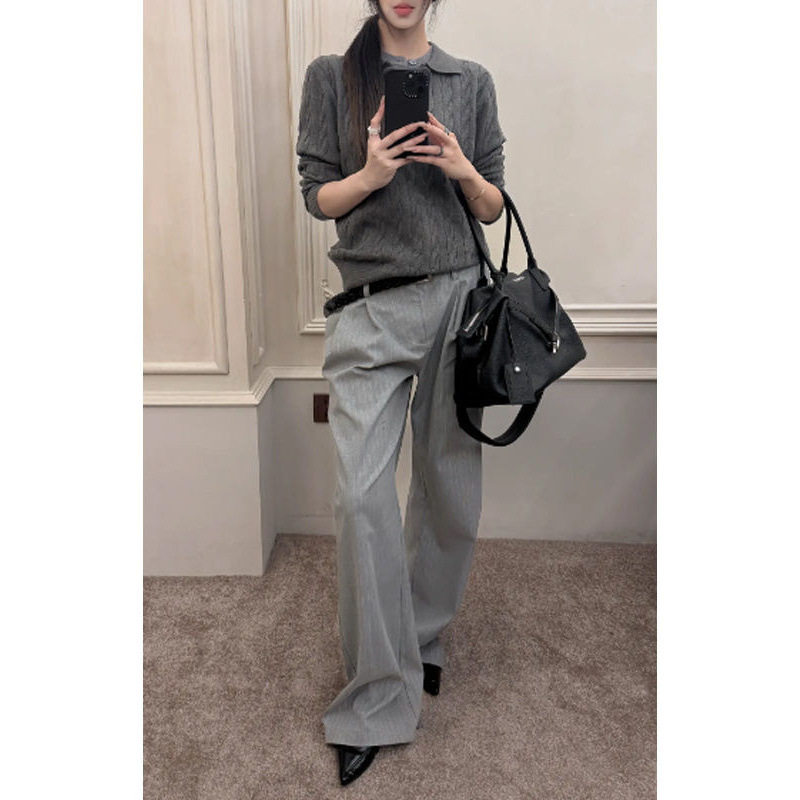 灰色设计感a字西裤男款老钱风褶皱条纹裤子修身直筒显瘦跨境大码