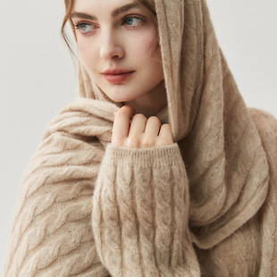 云朵感~75%山羊绒25%桑蚕丝 绞花围巾白厂丝羊绒针织披肩麻花围巾