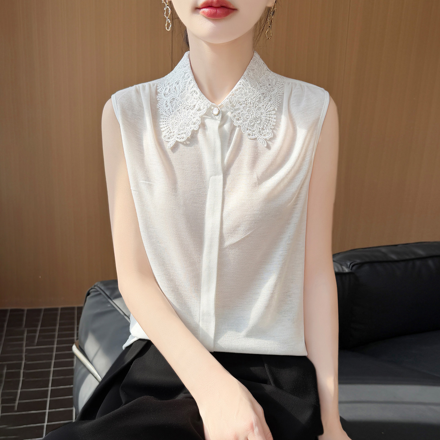 法式蕾丝翻领针织背心女内搭